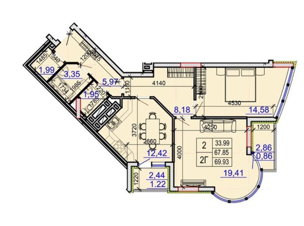 ЖК Grand Palace: планировка 2-комнатной квартиры 69.93 м²