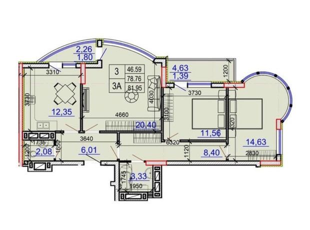 ЖК Grand Palace: планування 3-кімнатної квартири 81.95 м²