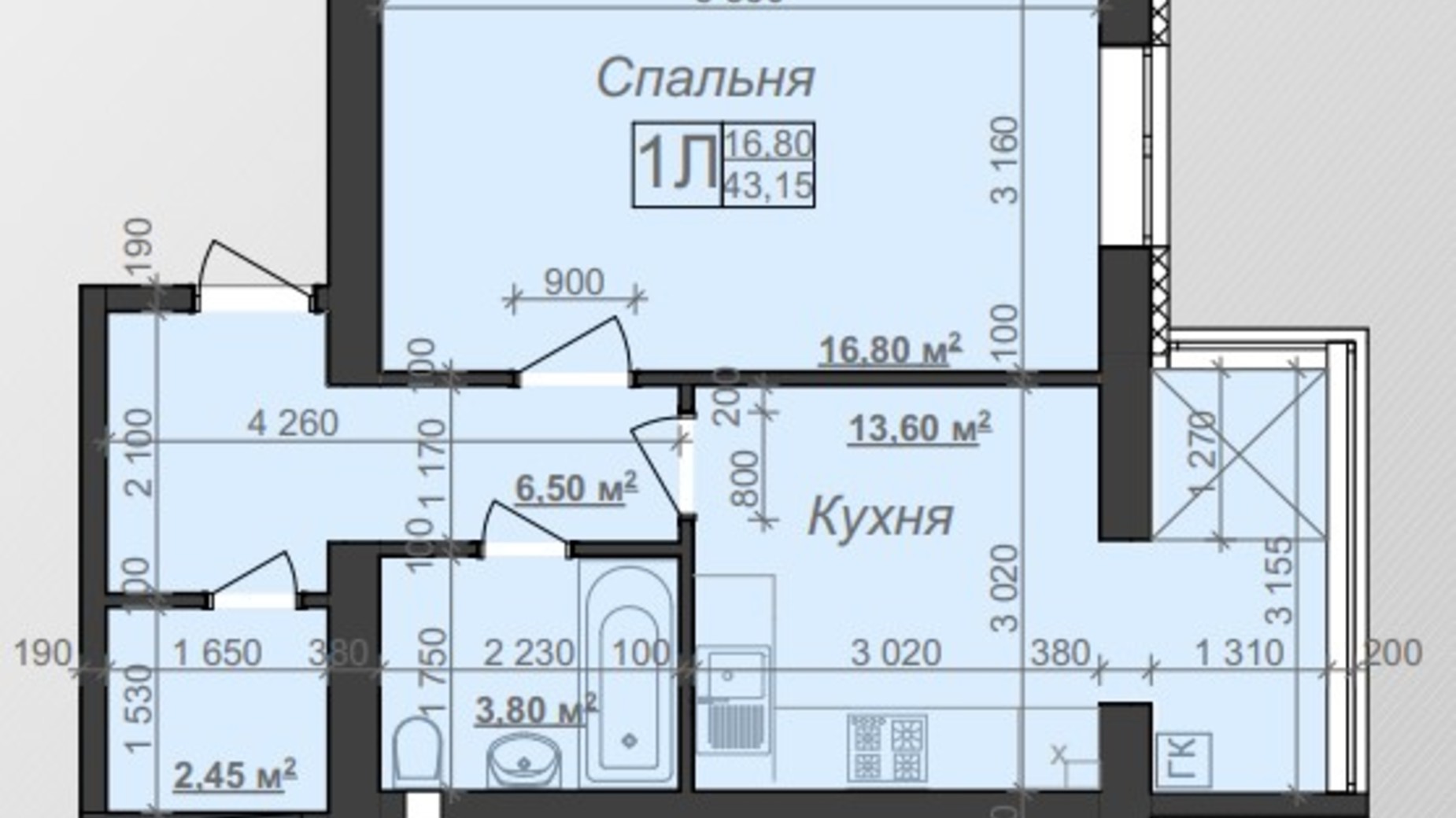 Планировка 1-комнатной квартиры в ЖК Заря 42.75 м², фото 340634