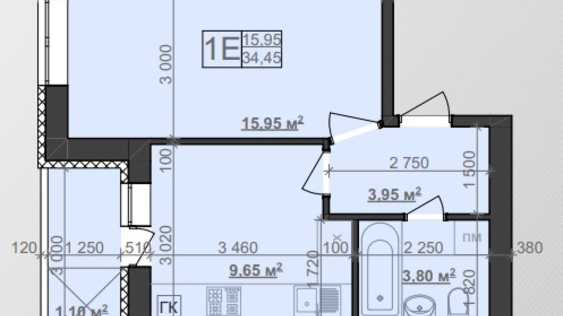 Планировка 1-комнатной квартиры в ЖК Заря 34.45 м², фото 340637