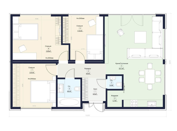 КГ Новая Конча-Заспа Crystal: планировка 4-комнатной квартиры 90 м²