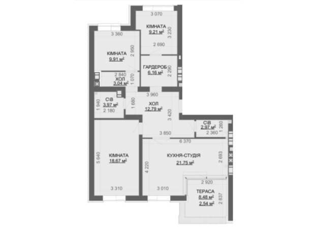 ЖК Найкращий квартал-2: планировка 3-комнатной квартиры 97.56 м²