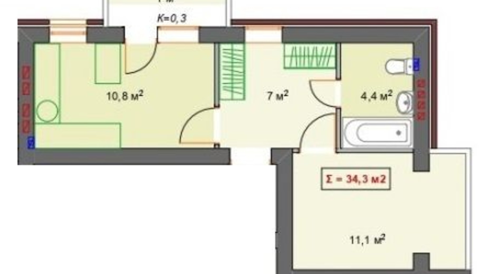Планування 1-кімнатної квартири в Клубний будинок P14 Irpencentre 34.3 м², фото 341075