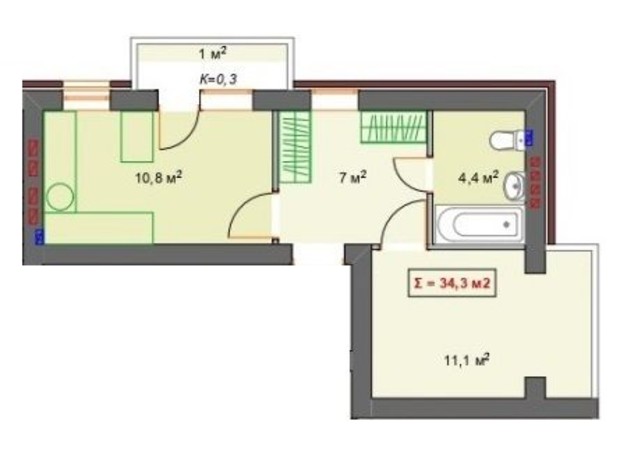 Клубный дом P14 Irpencentre: планировка 1-комнатной квартиры 34.3 м²