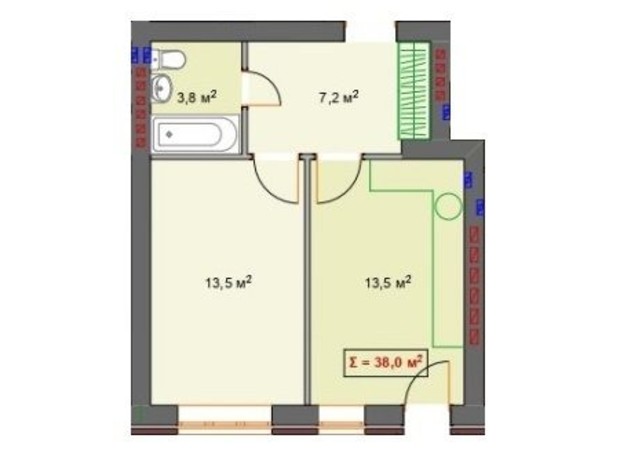 Клубный дом P14 Irpencentre: планировка 1-комнатной квартиры 38 м²