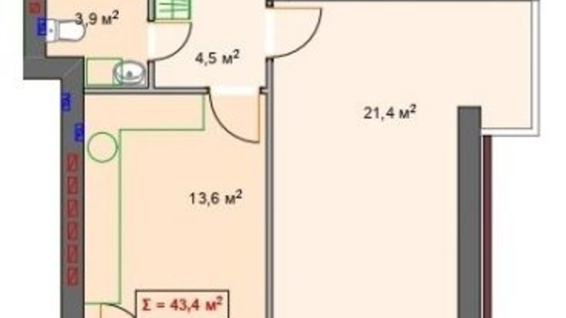 Планування 1-кімнатної квартири в Клубний будинок P14 Irpencentre 43.4 м², фото 341077