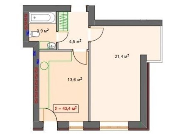 Клубный дом P14 Irpencentre: планировка 1-комнатной квартиры 43.4 м²