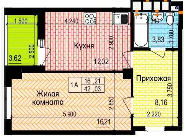 ЖК Пролисок: планировка 1-комнатной квартиры 42.03 м²