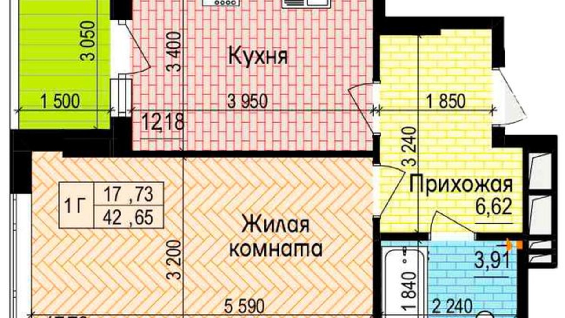Планировка 1-комнатной квартиры в ЖК Пролисок 42.65 м², фото 341122