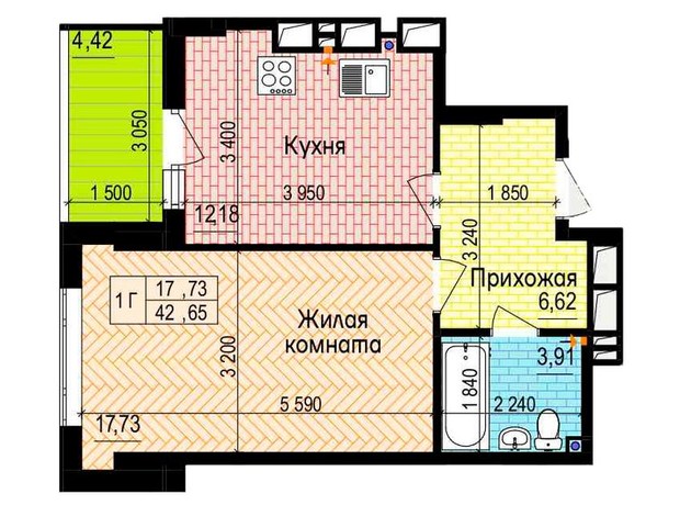 ЖК Пролісок: планування 1-кімнатної квартири 42.65 м²