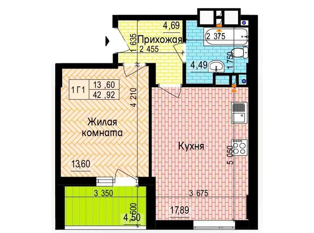 ЖК Пролісок: планування 1-кімнатної квартири 42.92 м²