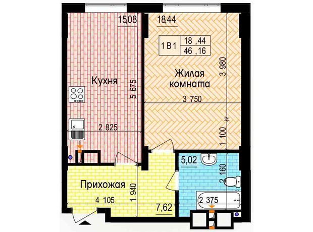 ЖК Пролисок: планировка 1-комнатной квартиры 42.65 м²