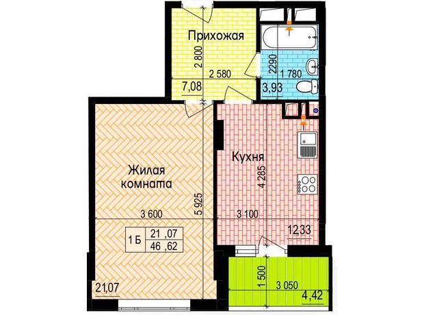 ЖК Пролісок: планування 1-кімнатної квартири 46.62 м²