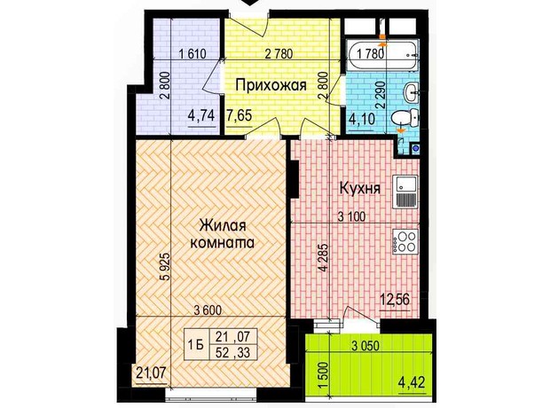 ЖК Пролісок: планування 1-кімнатної квартири 52.33 м²