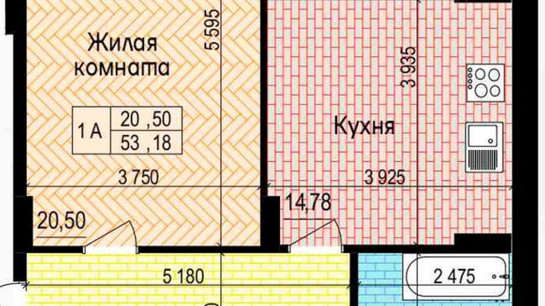 Планировка 1-комнатной квартиры в ЖК Пролисок 53.18 м², фото 341128