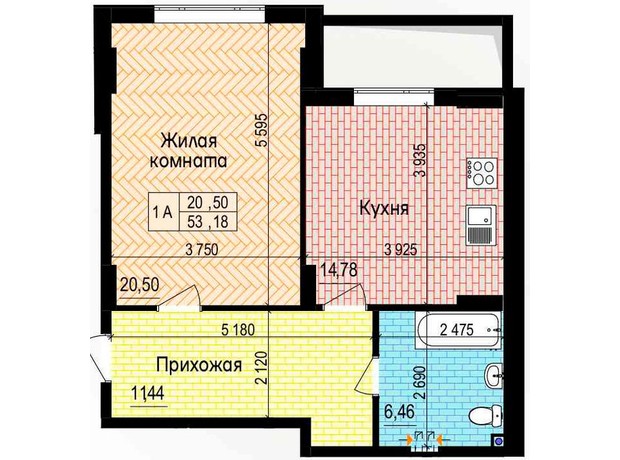 ЖК Пролісок: планування 1-кімнатної квартири 53.18 м²