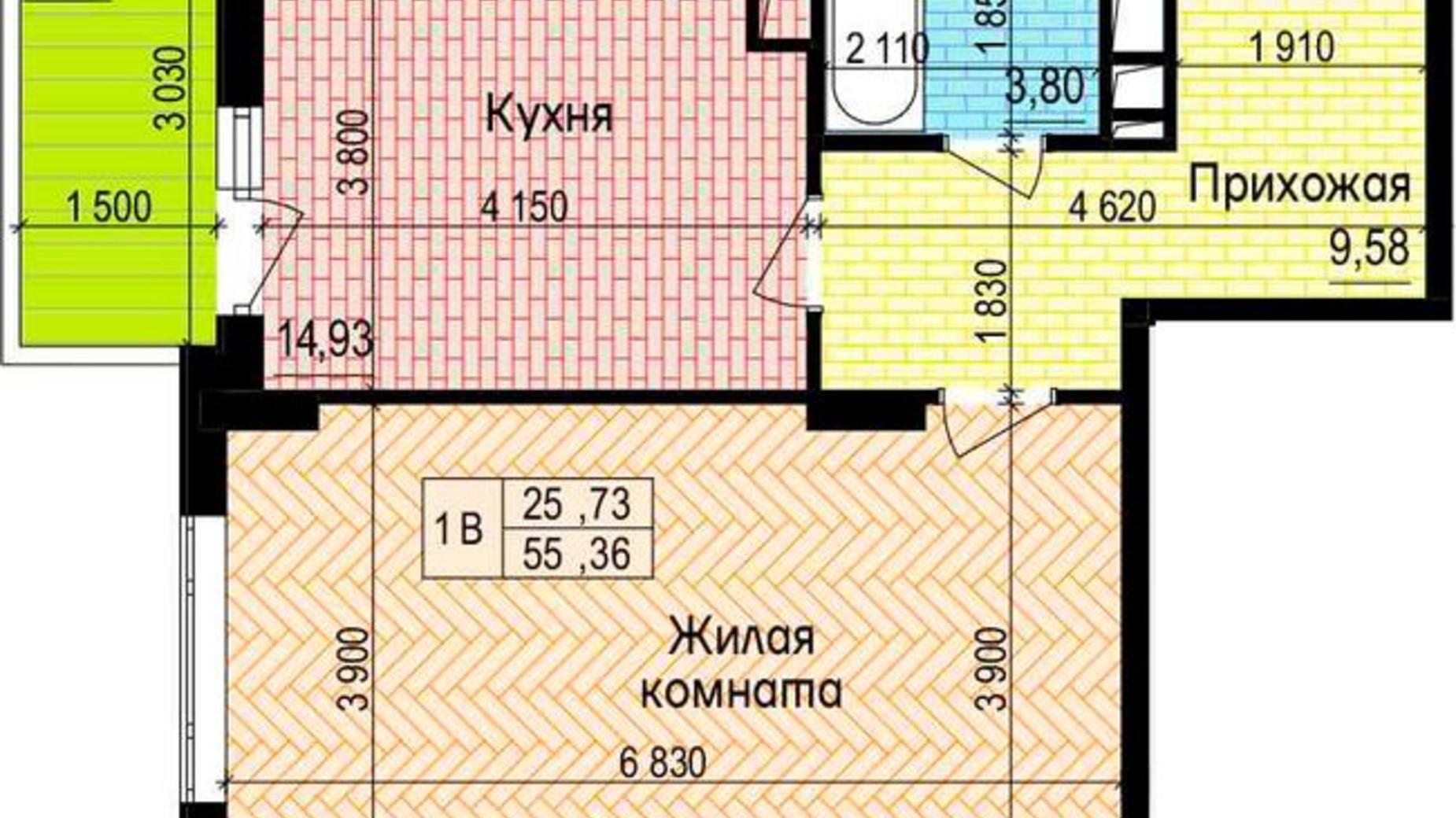 Планировка 1-комнатной квартиры в ЖК Пролисок 55.36 м², фото 341129