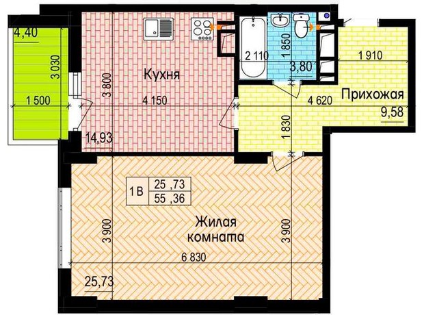 ЖК Пролісок: планування 1-кімнатної квартири 55.36 м²