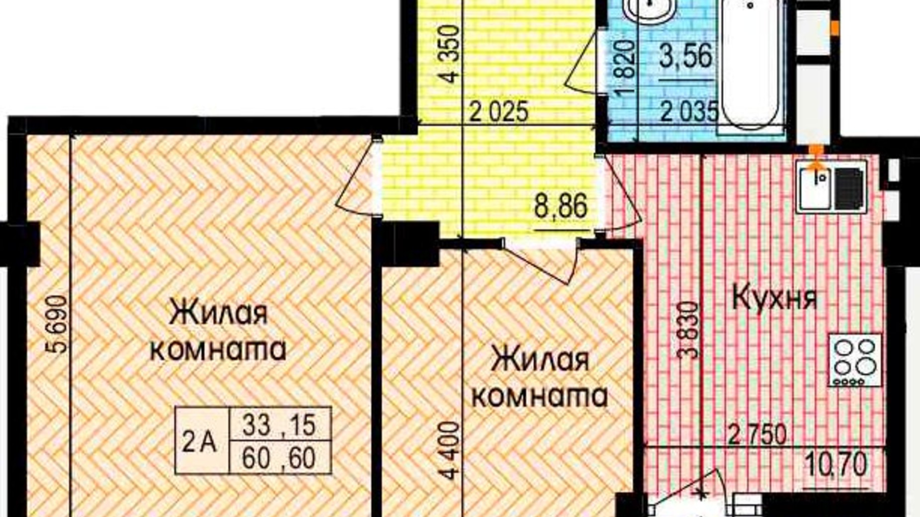 Планировка 2-комнатной квартиры в ЖК Пролисок 60.6 м², фото 341130