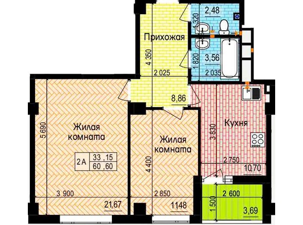 ЖК Пролісок: планування 2-кімнатної квартири 60.6 м²