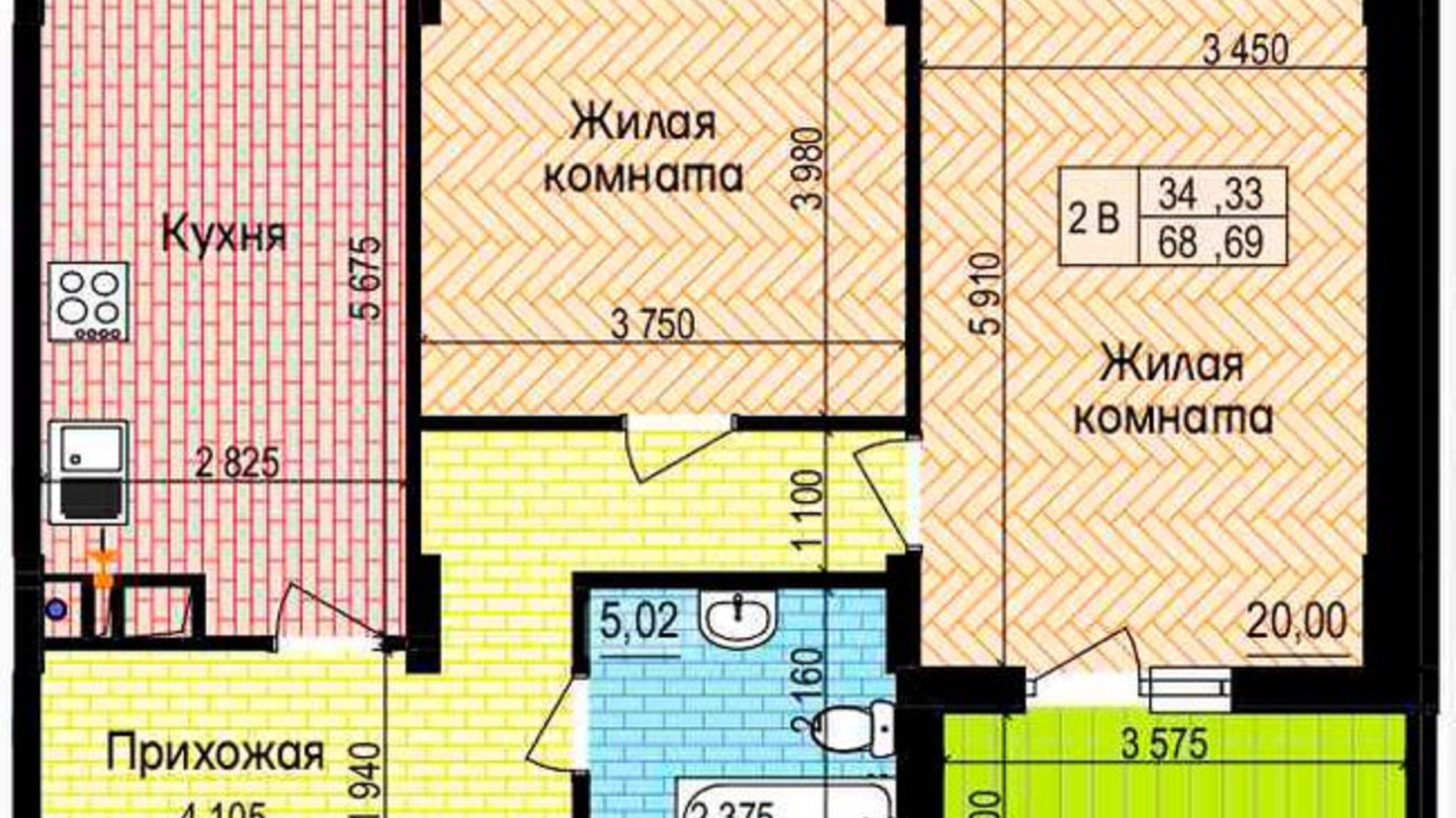 Планировка 2-комнатной квартиры в ЖК Пролисок 68.69 м², фото 341131