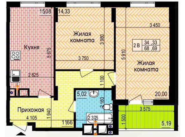 ЖК Пролисок: планировка 2-комнатной квартиры 68.69 м²