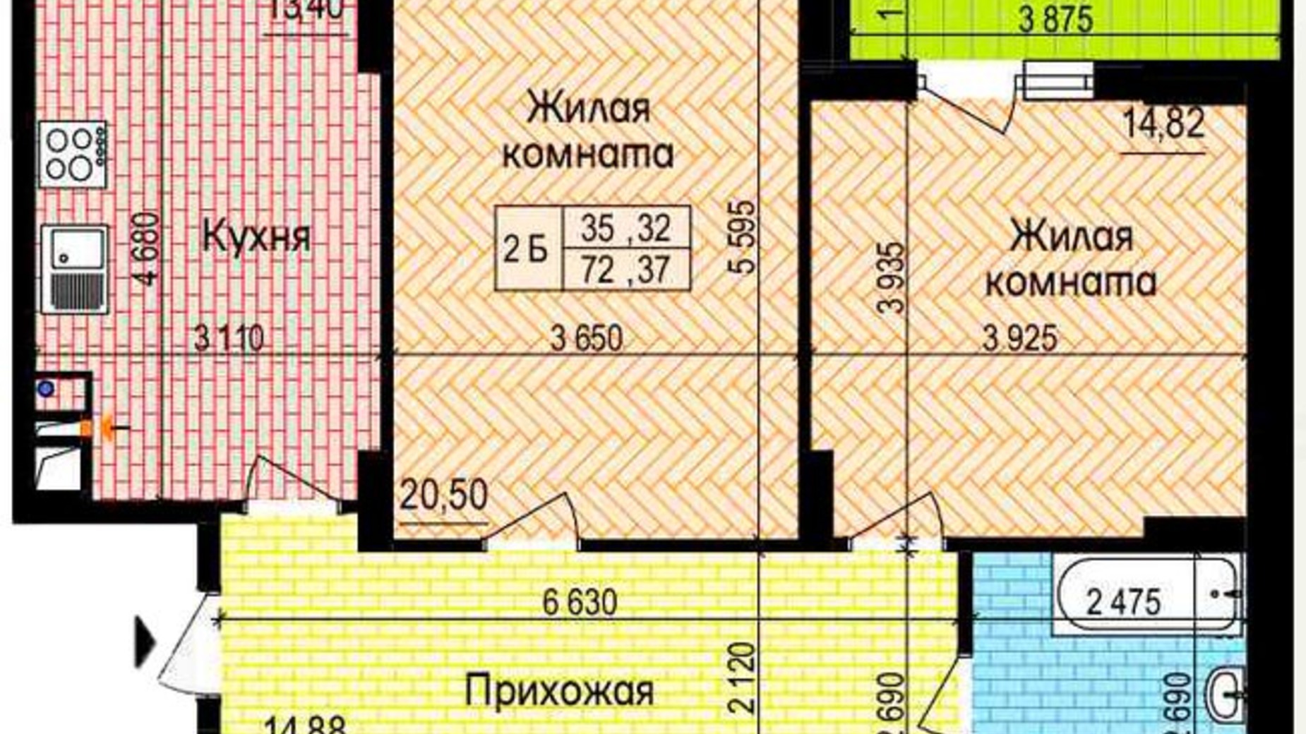 Планировка 2-комнатной квартиры в ЖК Пролисок 72.37 м², фото 341132