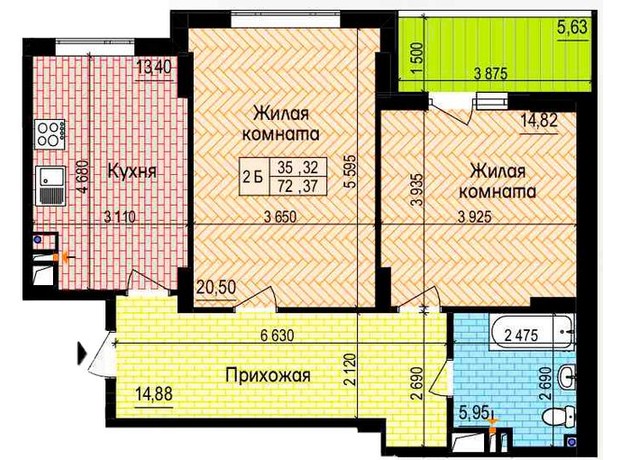 ЖК Пролисок: планировка 2-комнатной квартиры 72.37 м²