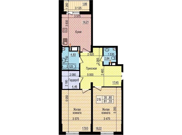 ЖК Пролисок: планировка 2-комнатной квартиры 81.33 м²