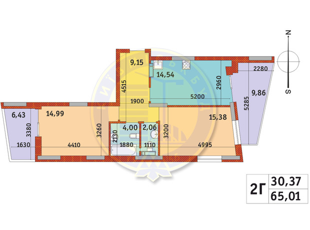 ЖК Итальянский квартал-2: планировка 2-комнатной квартиры 65.01 м²