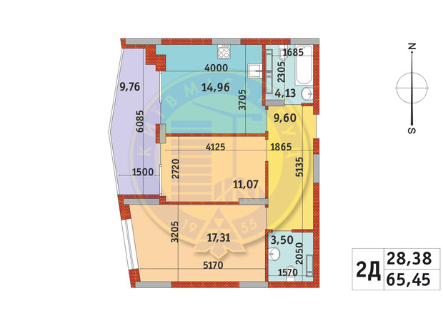 ЖК Итальянский квартал-2: планировка 2-комнатной квартиры 65.45 м²