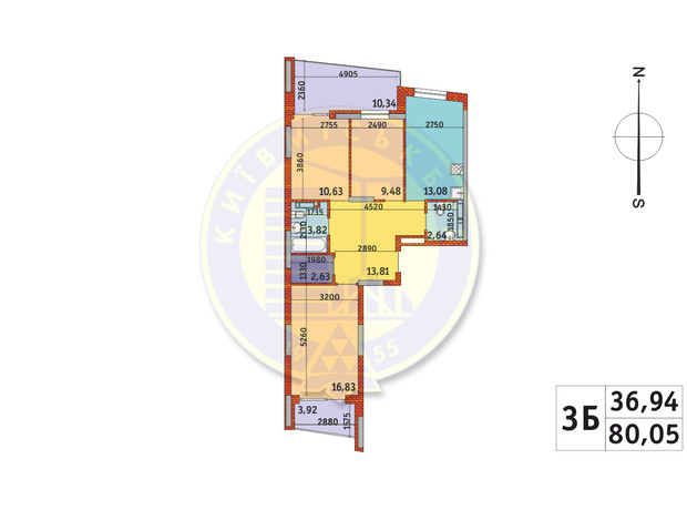 ЖК Итальянский квартал-2: планировка 3-комнатной квартиры 80.05 м²