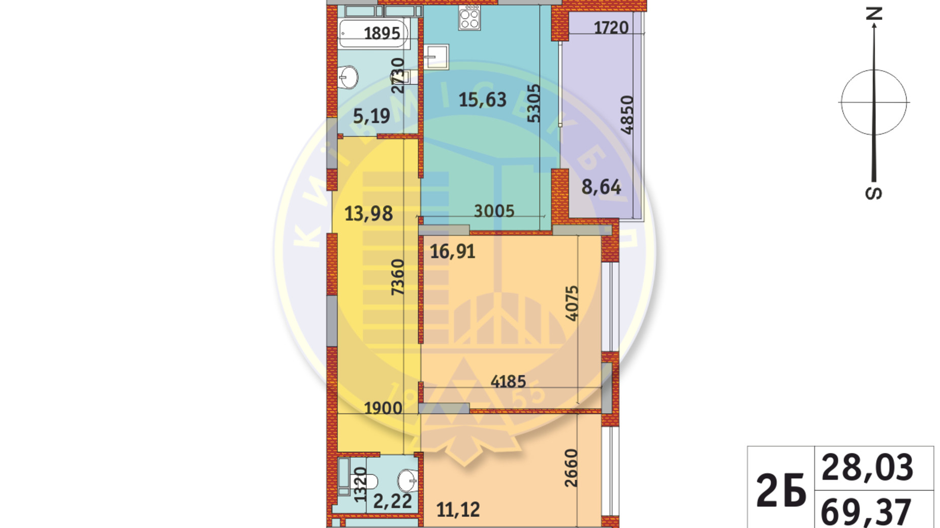 Планування 2-кімнатної квартири в ЖК Італійський квартал-2 69.37 м², фото 341291