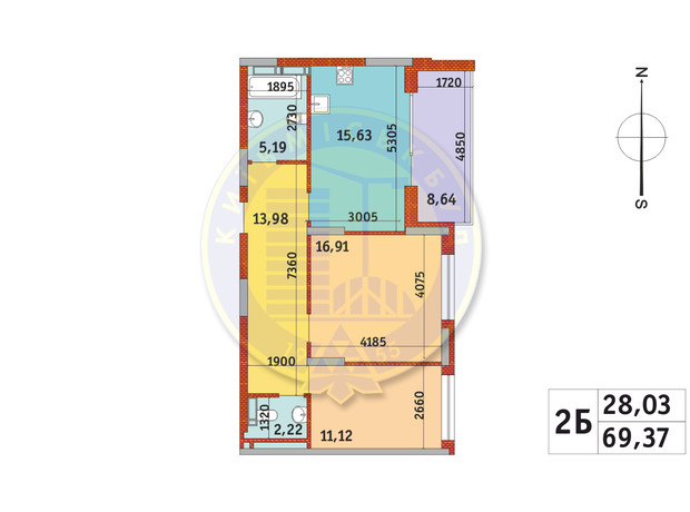 ЖК Итальянский квартал-2: планировка 2-комнатной квартиры 69.37 м²