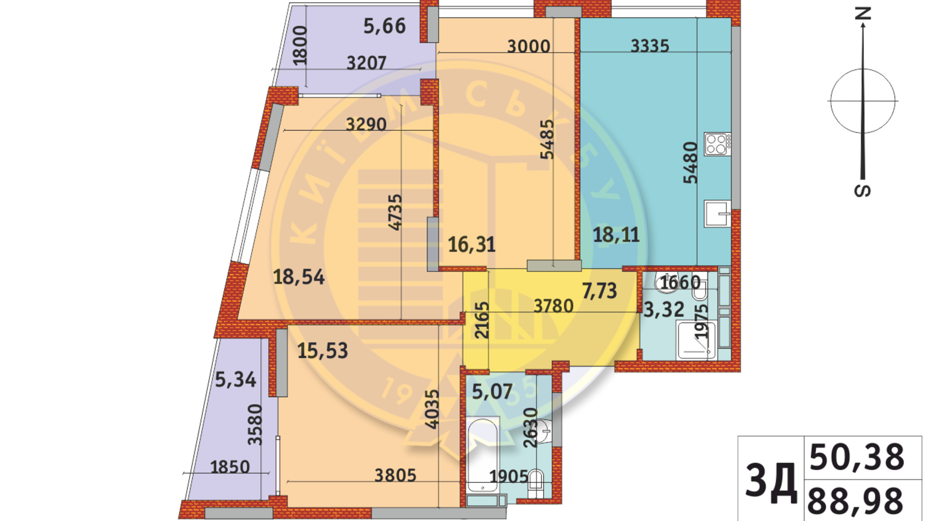 Планировка 3-комнатной квартиры в ЖК Итальянский квартал-2 88.98 м², фото 341293