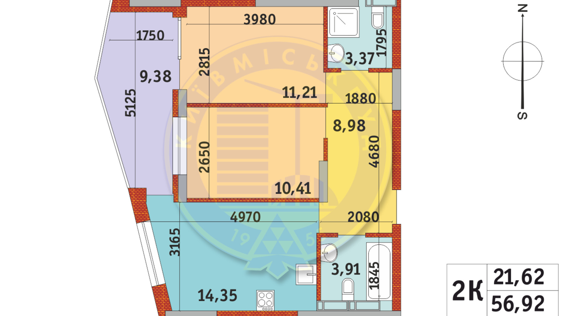 Планировка 2-комнатной квартиры в ЖК Итальянский квартал-2 56.92 м², фото 341294