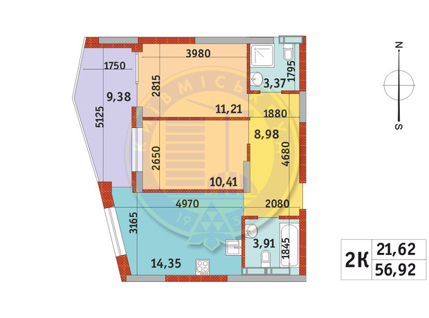 ЖК Італійський квартал-2: планування 2-кімнатної квартири 56.92 м²