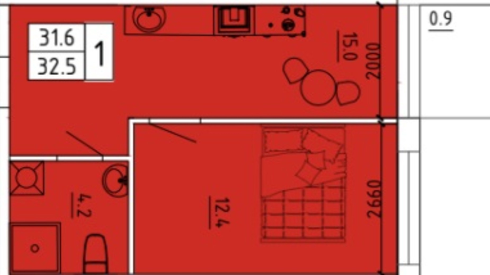 Планировка 1-комнатной квартиры в ЖК Калейдоскоп 2 32.5 м², фото 341746