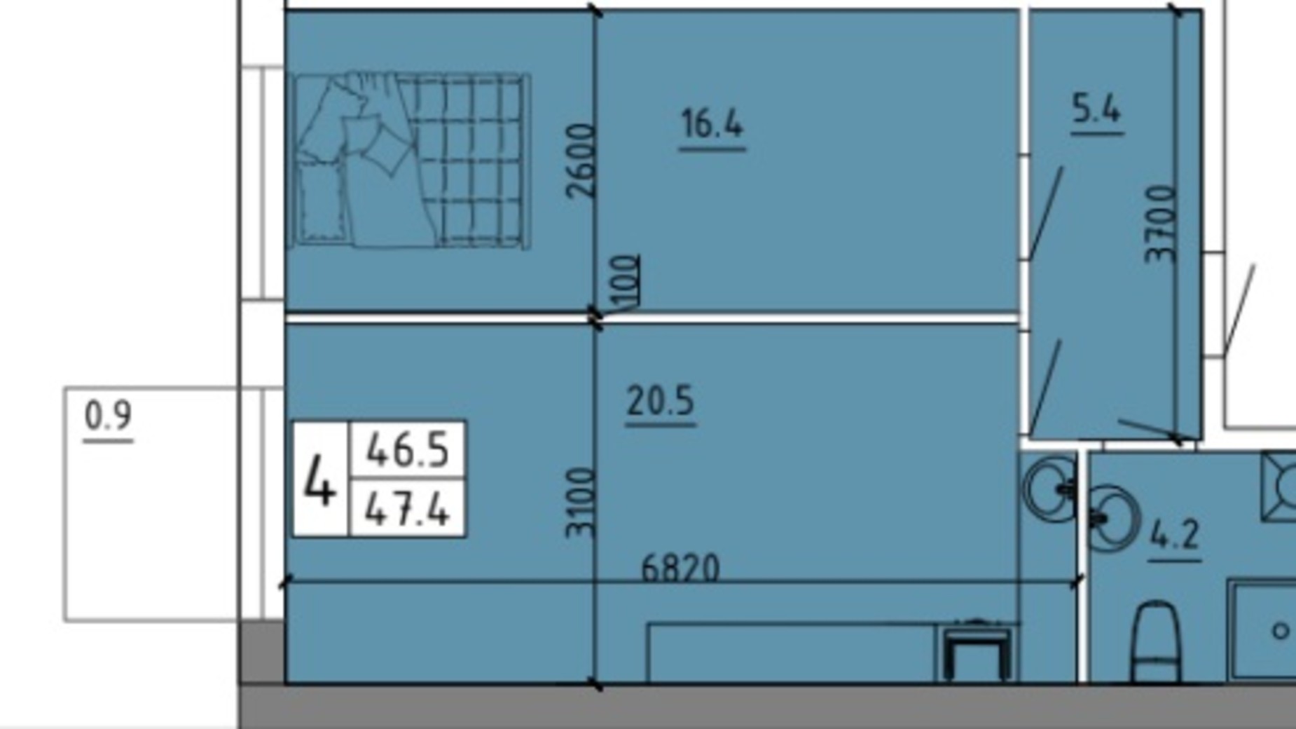 Планировка 1-комнатной квартиры в ЖК Калейдоскоп 2 47.4 м², фото 341747