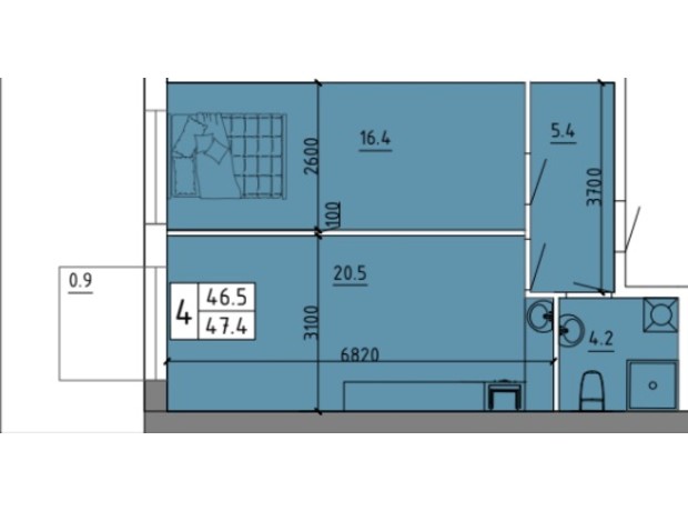 ЖК Калейдоскоп 2: планування 1-кімнатної квартири 47.4 м²