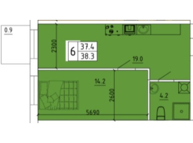 ЖК Калейдоскоп 2: планування 1-кімнатної квартири 38.3 м²