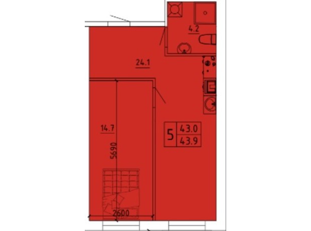 ЖК Калейдоскоп 2: планировка 1-комнатной квартиры 43.9 м²
