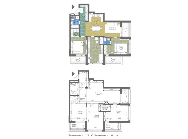 ЖК Gravity Park: планування 3-кімнатної квартири 99.5 м²