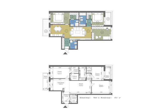 ЖК Gravity Park: планування 3-кімнатної квартири 104 м²