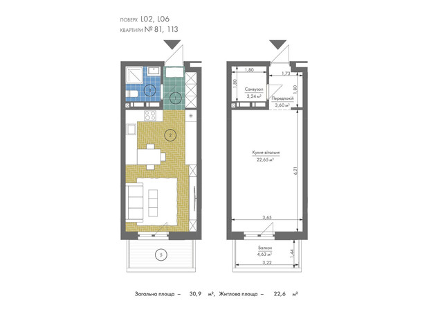 ЖК Gravity Park: планування 1-кімнатної квартири 30.9 м²