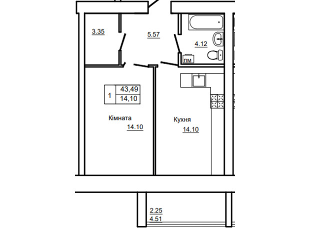 ЖК Грін Таун: планування 1-кімнатної квартири 43.49 м²