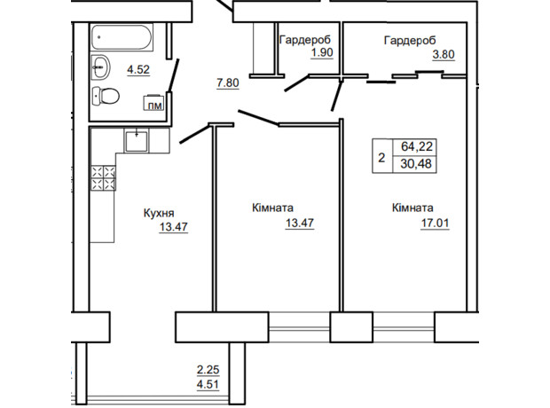 ЖК Грін Таун: планування 2-кімнатної квартири 64.22 м²