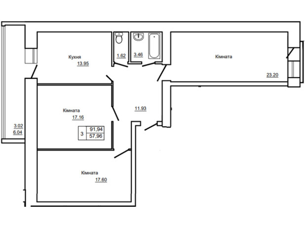 ЖК Грін Таун: планування 3-кімнатної квартири 91.94 м²