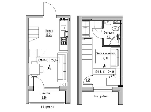 ЖК KEKS: планировка 1-комнатной квартиры 29.86 м²