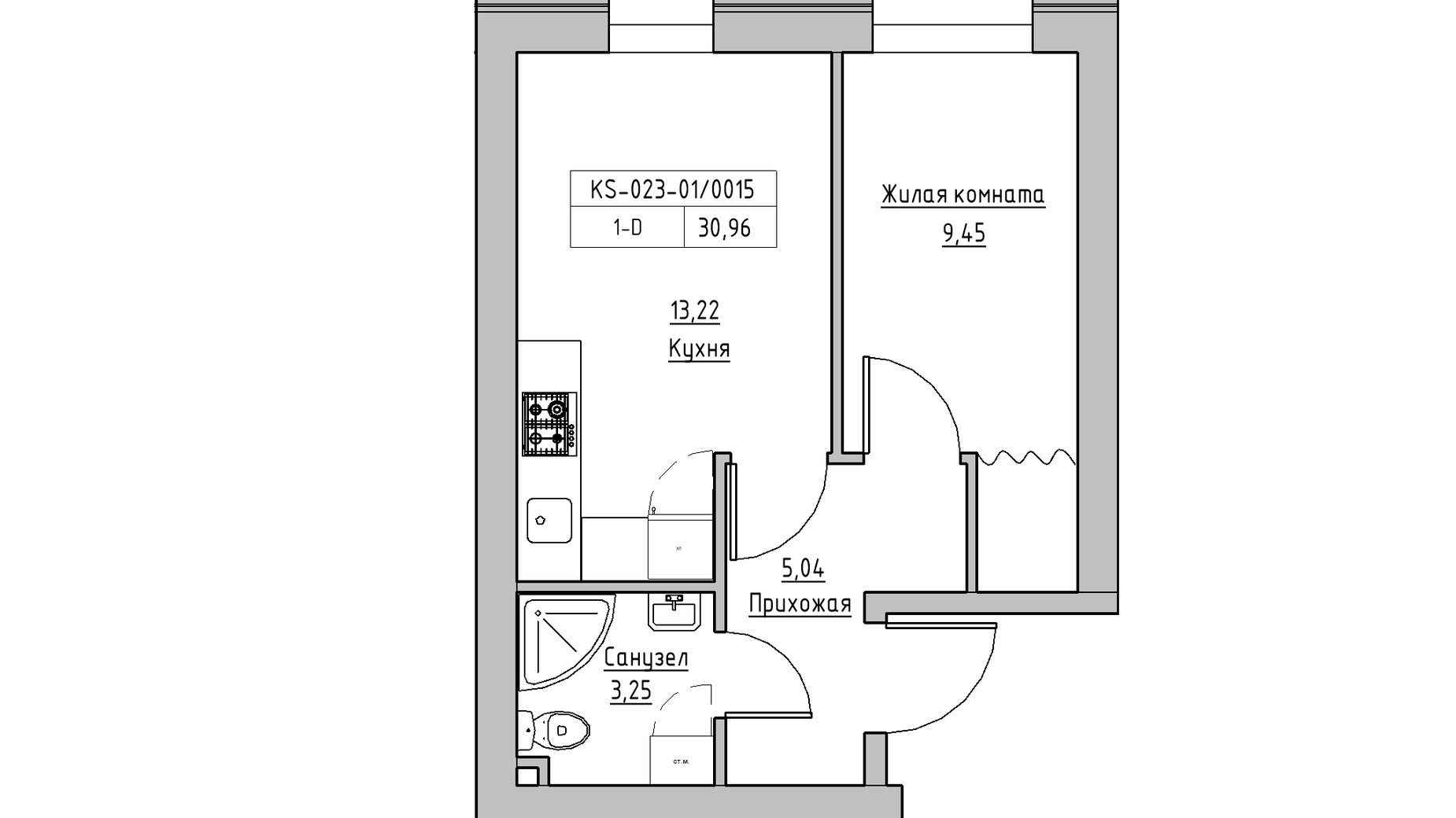 Планировка 1-комнатной квартиры в ЖК KEKS 30.96 м², фото 342492